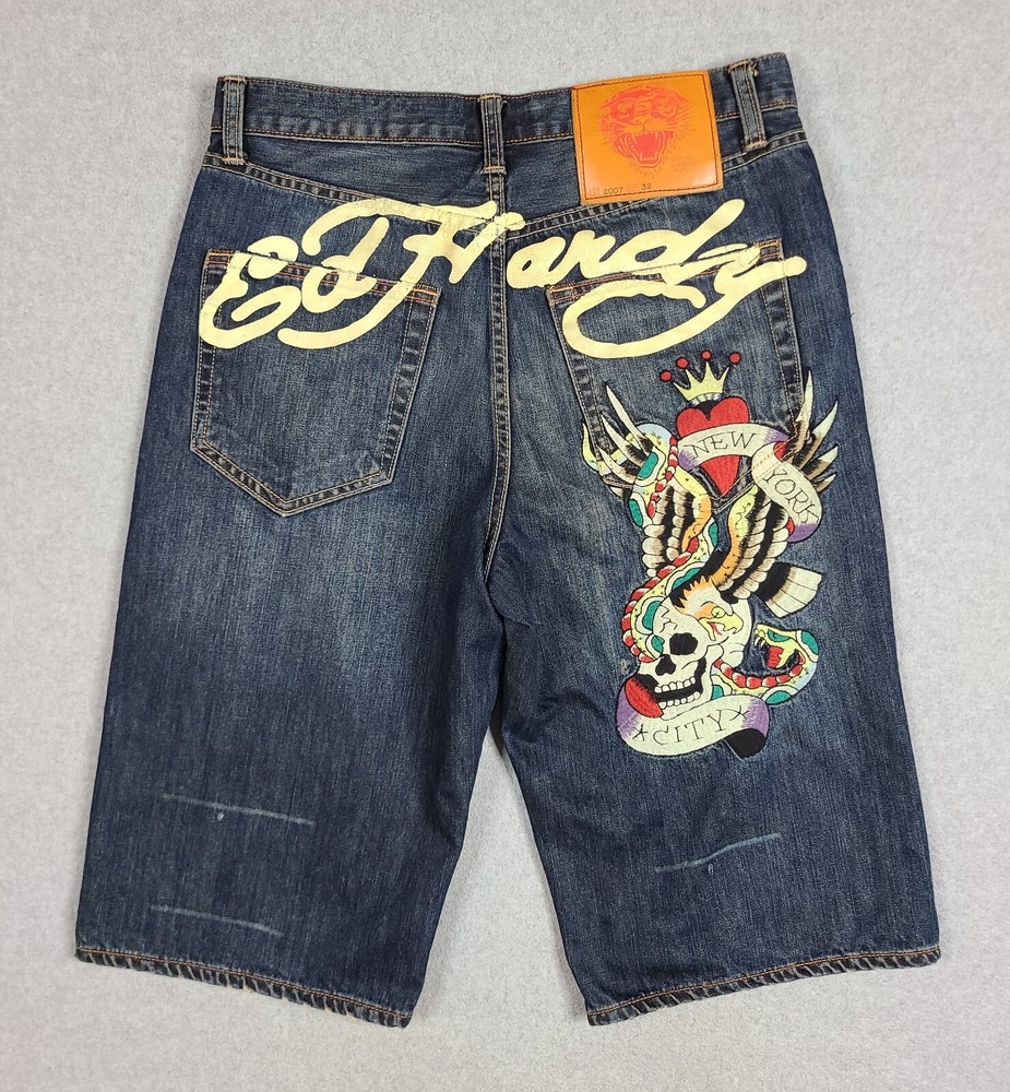Vtg Ed Hardy Y2K New York City Big Logo Embroidered Jean Shorts Jorts Denim 32w