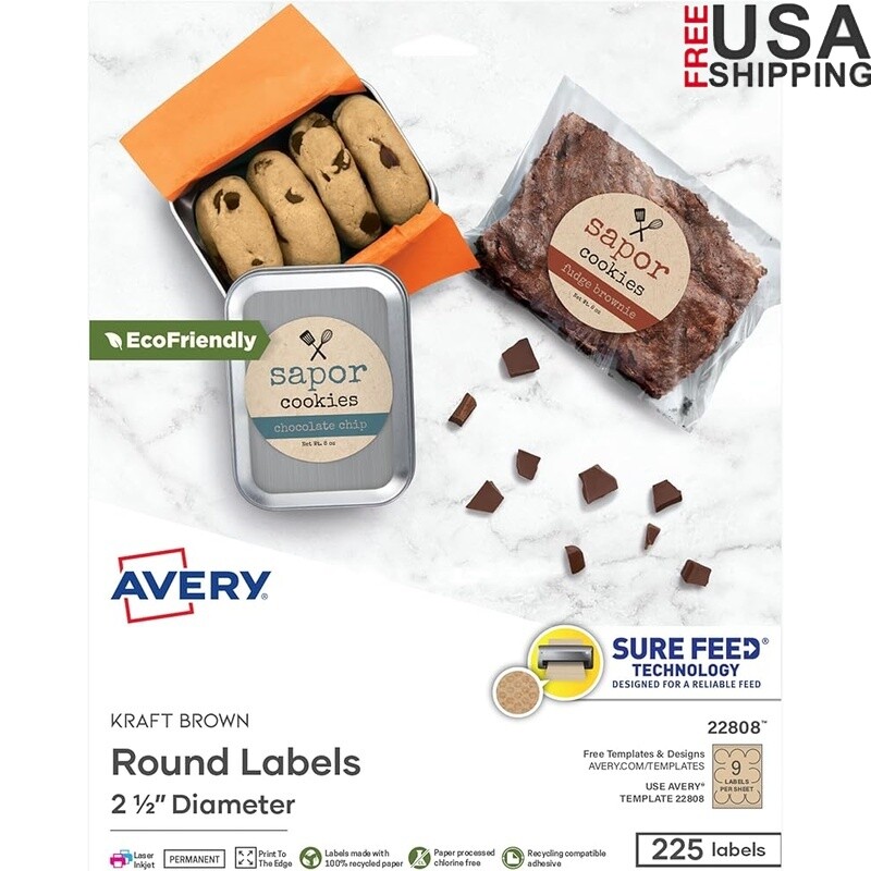 Kraft Brown Round Labels with Sure Feed Tech for Printable Gifts, 5 Packs