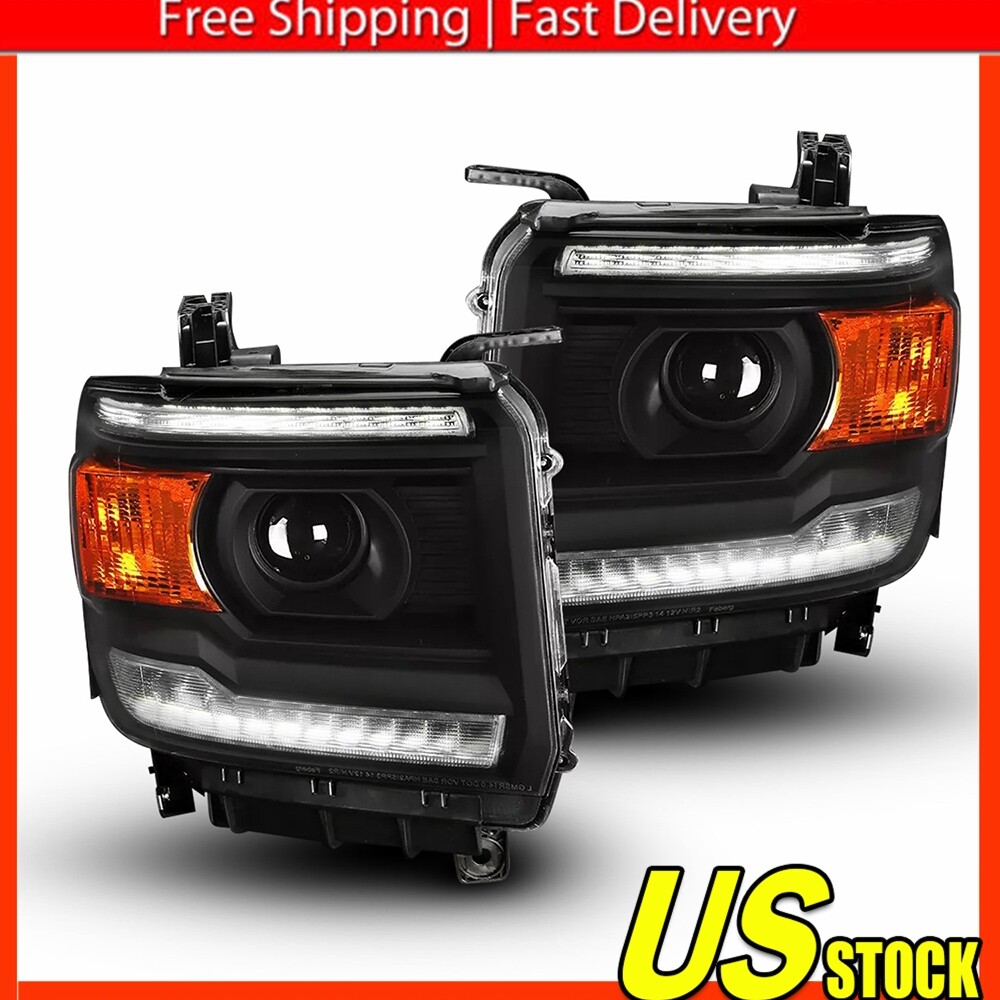 Fits 2014-2018 Sierra 1500 2500HD 3500HD DRL Black Projector Headlights
