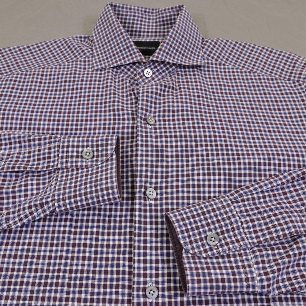 Ermenegildo Zegna Button Shirt Mens Medium Purple Blue Check Plaid Dress