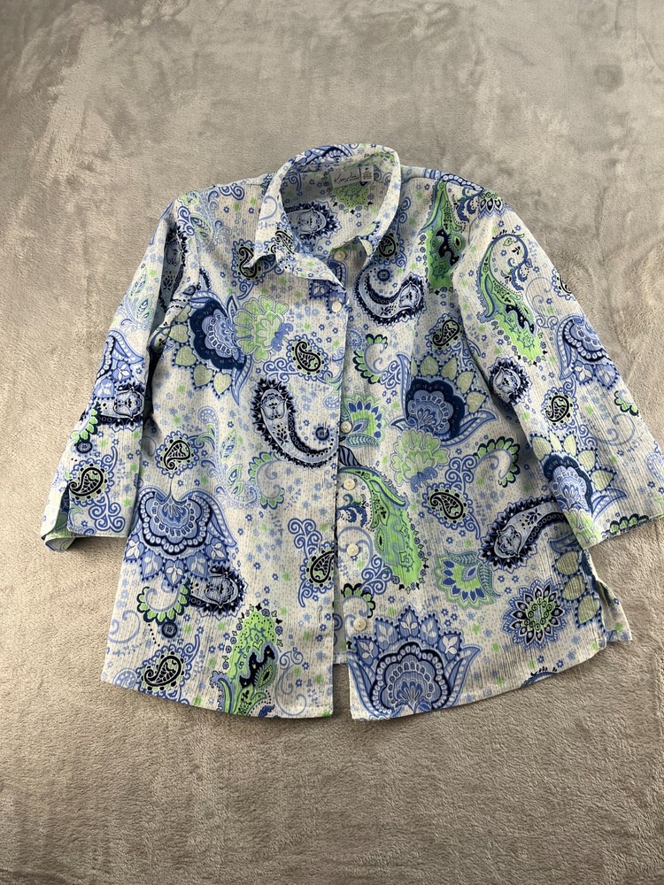 Kim Rogers Button Up Shirt Womens 8P Blue/Green 3/4 Sleeve Parsley
