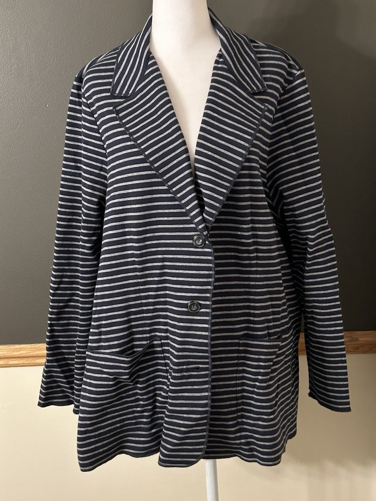 J. Jill Navy Blue & Gray Stripe 3-Button Blazer Jacket Casual Pockets Stretch XL