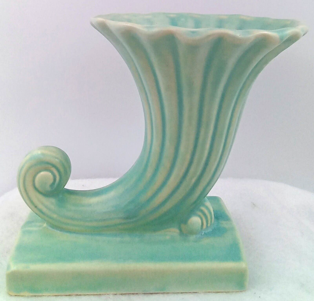 McCoy Cornucopia Vase Ceramic Pottery Horn Footed Fluted Teal Green USA Vintage