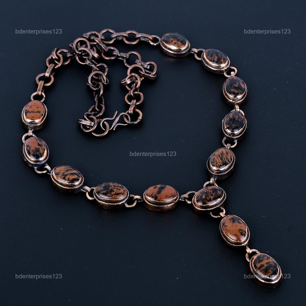 Mothers day Deal Mahogany Obsidian Gemstone Copper Electroformed Chain Necklace