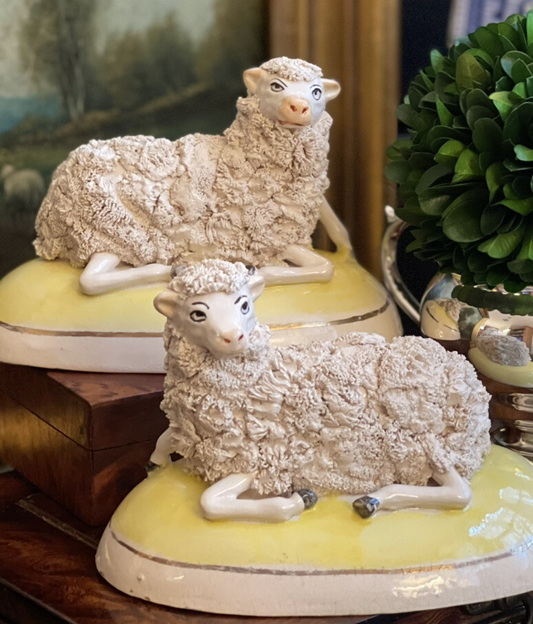 Glorious Rare 19C English Staffordshire Alcock Sheep Lamb Ewe Mantle Pair 5.4”