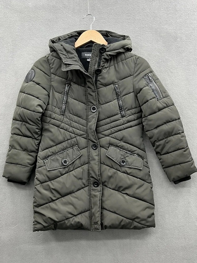 Diesel Girls Size 10 Olive Green Hooded Puffer Jacket Quilted Coat Pockets