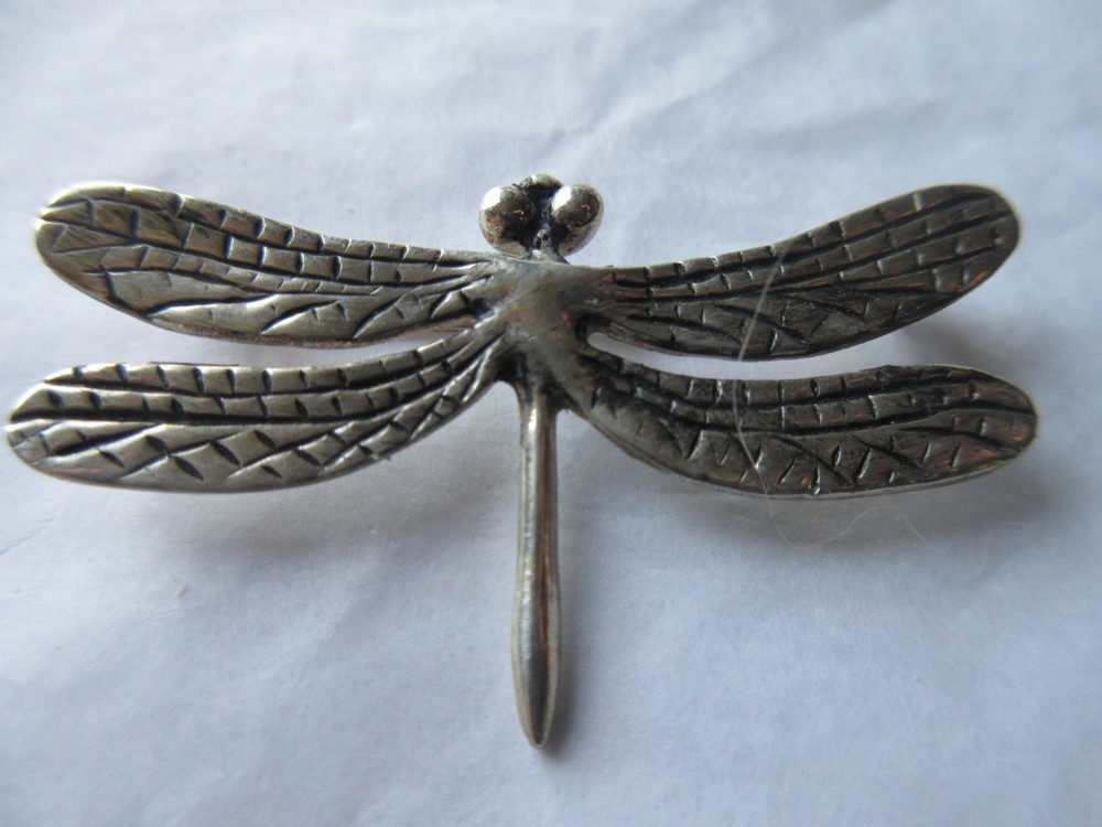 Signed MH Vintage Sterling Silver Dragonfly Pin Textured Wings