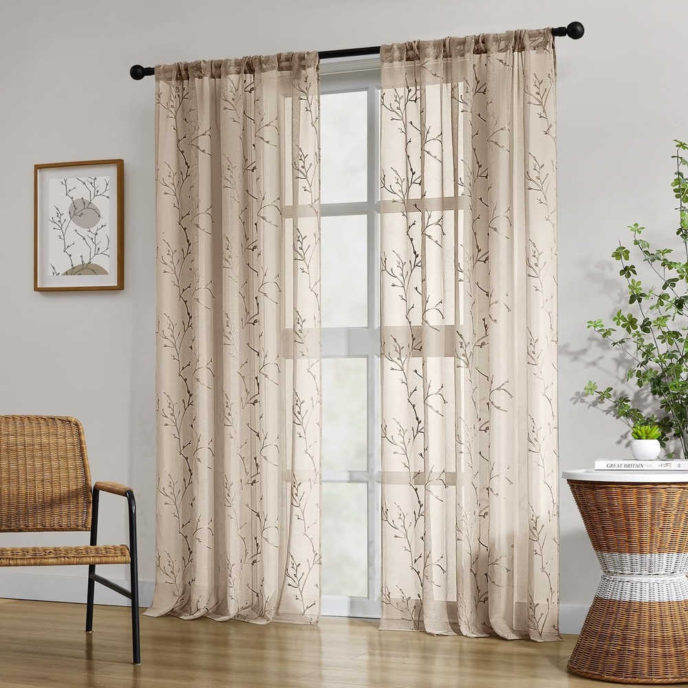 Taupe Sheer Curtains 52 X 84 Inches Length 2 Panels Embroidered Branch Patter...