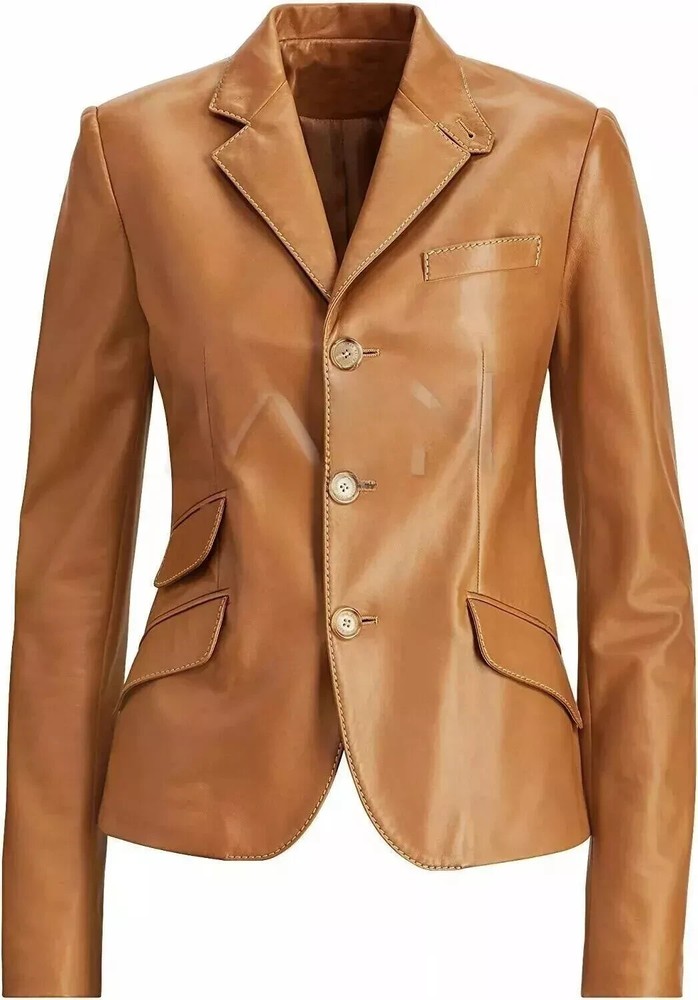 Women's Tan Lambskin Leather Jacket Casual Blazer Style Two Button Designer Coat