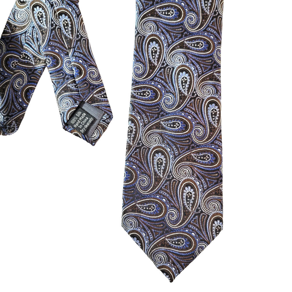Pronto Uomo Couture Silk Tie Blue Brown Silver Paisley Handmade Men's Necktie