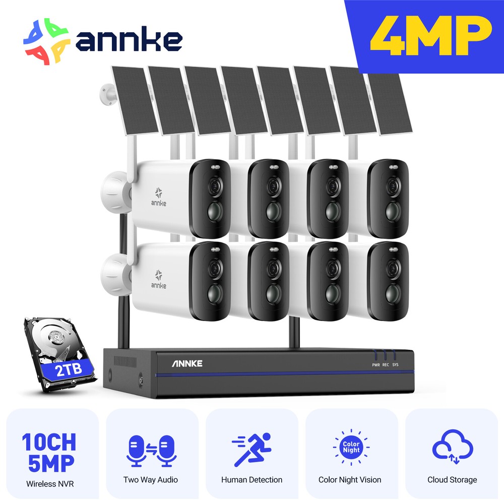 ANNKE 10CH NVR 4MP Solar Powered PIR Wireless Security Camera System 2 Way Audio