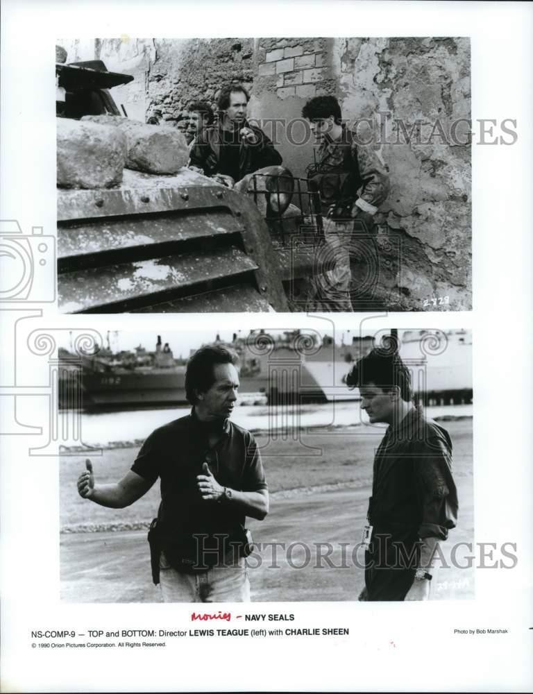 1990 Press Photo Director Lewis Teague on Navy SEALs set with Charlie Sheen
