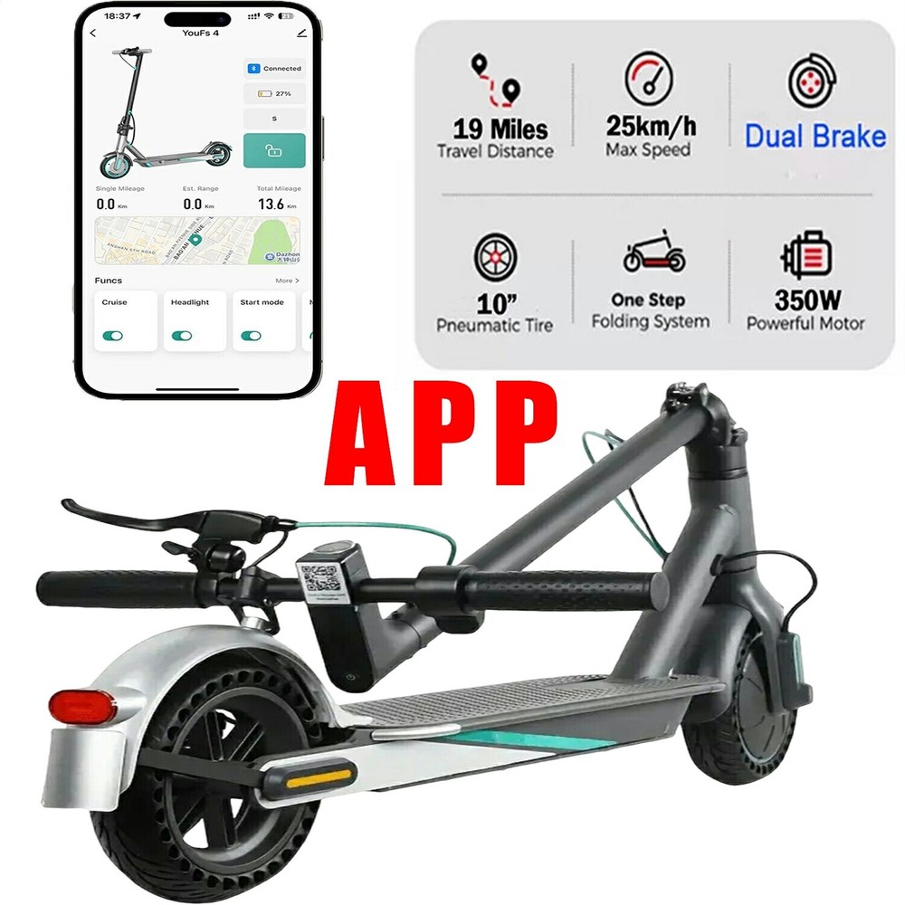 350W Blue Folding E-Scooter: 30km Range, 36V 10.4Ah, Dual Brakes +APP for Adults