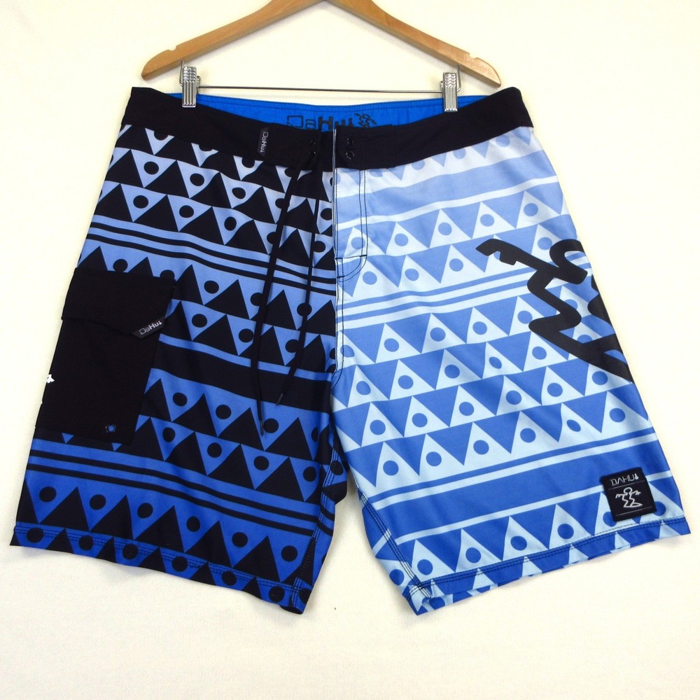DaHui Board Shorts Mens 38 Blue Black Geometric Print Surf Swim