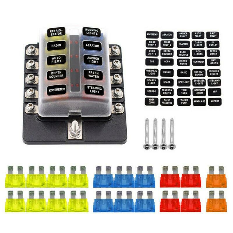 10-Way Blade Fuse Box Block Holder LED Indicator w/ Fuses for 12V 24V Car Marine