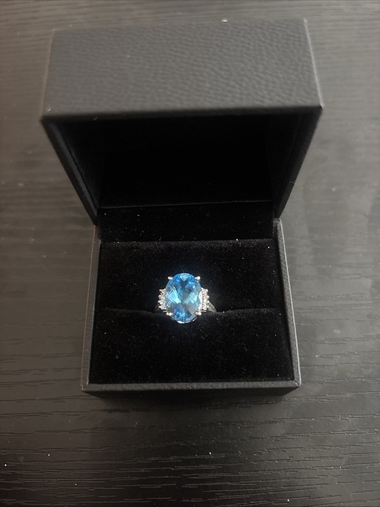 Blue Topaz 5ct  Ring  With Natural Diamonds 14k Solid Gold