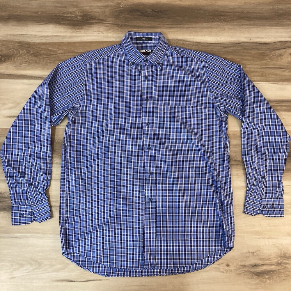 Kirkland Signature Shirt Mens Large Blue Plaid Non-Iron Button-Up Long Sleeve