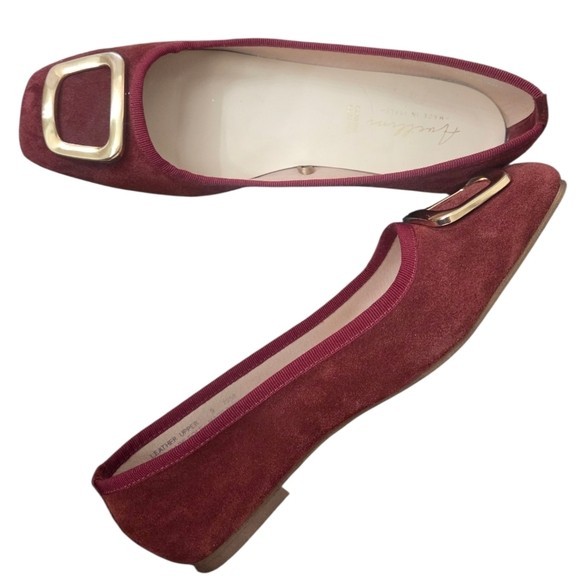 Italian Burgundy Oxblood Suede Square Toe Ballet Flats Gold Buckle 40 Avellini