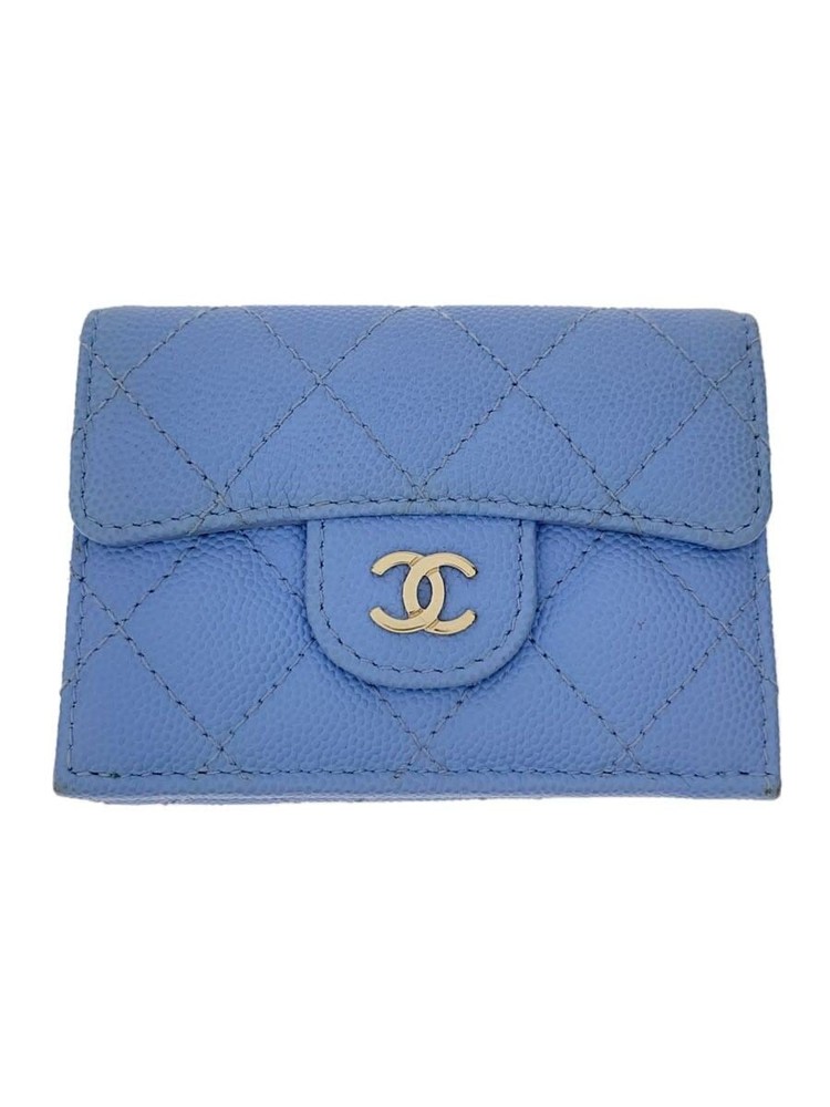 CHANEL Tri-Fold Compact Wallet AP0230 Matelassé Caviar Leather Blue Pre-Loved