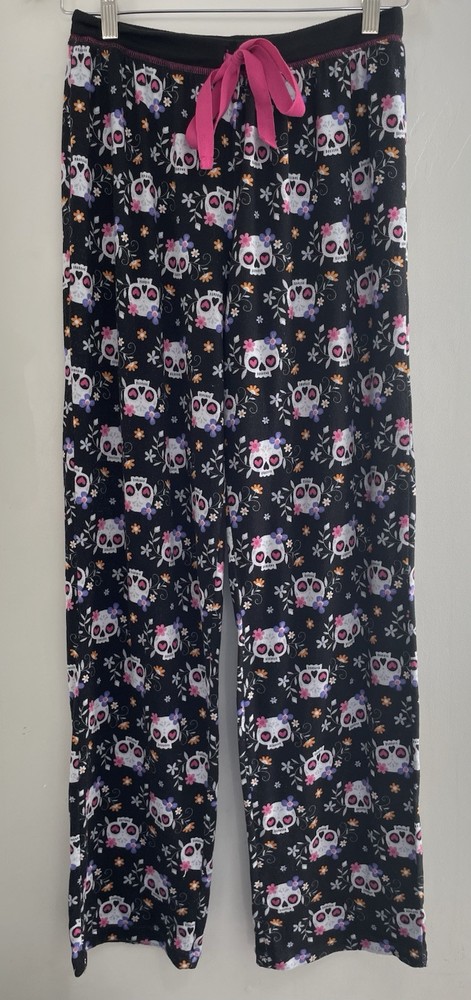 Rene Rofe Sleepwear Women's Colorful Floral Skull Elastic Waist PJ Pants Black M