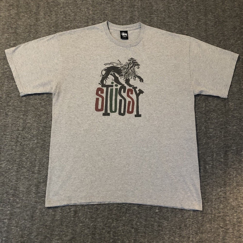 Stussy Men's XL Gray Multicolor Spell Out Reggae Rasta Lion T-Shirt