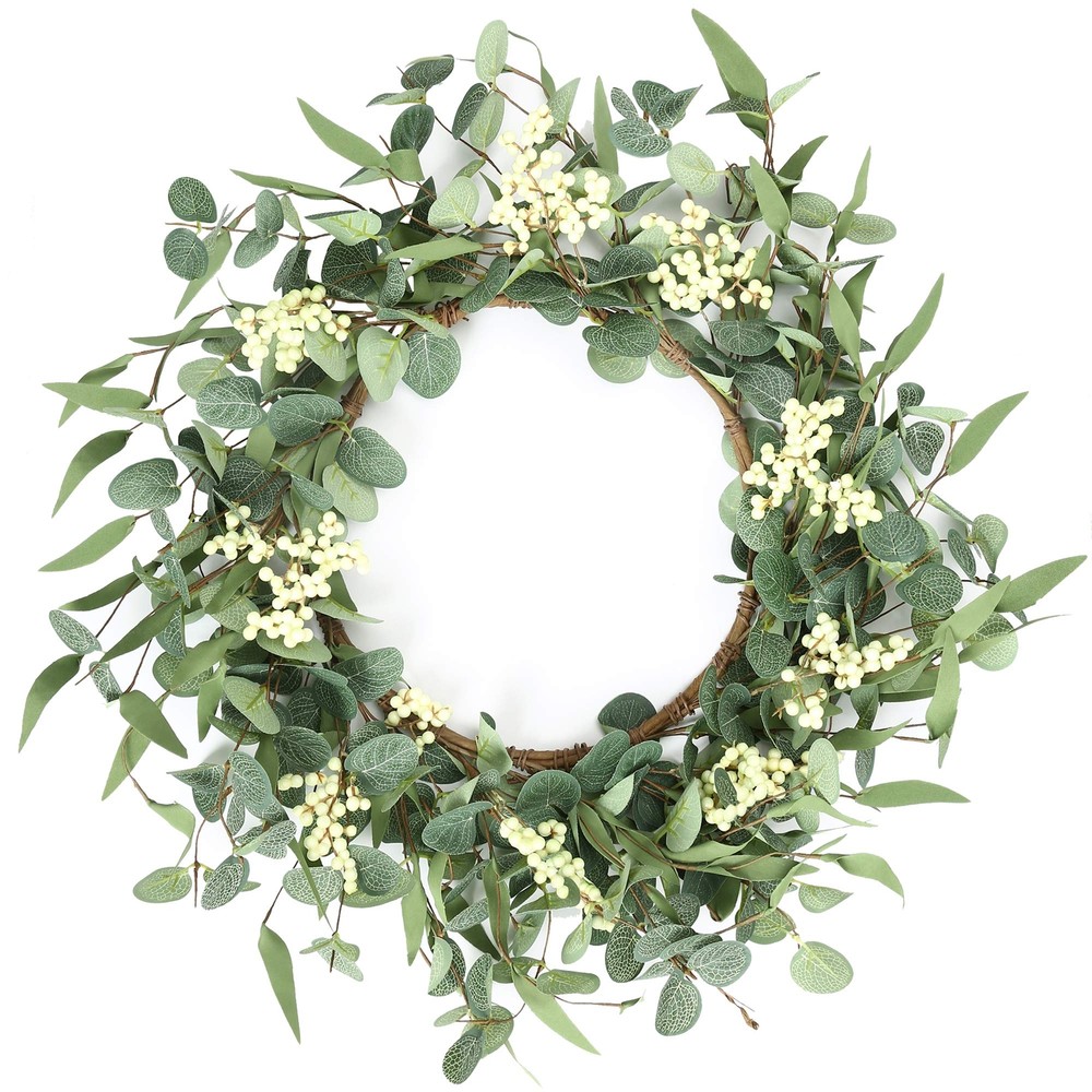 Pinkpum 20 Inch Fluffy Eucalyptus Wreath for Door Porch Window Green Spring Decor