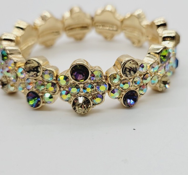 Kirks Folly Fancy Pants Aurora Borealis Crystal Stretch Bracelet Gold tone
