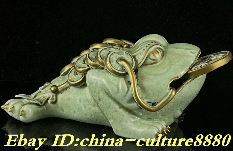 6.2 Inch Yongzheng Green Glaze Porcelain Toad Coin Statue with Gold Accents