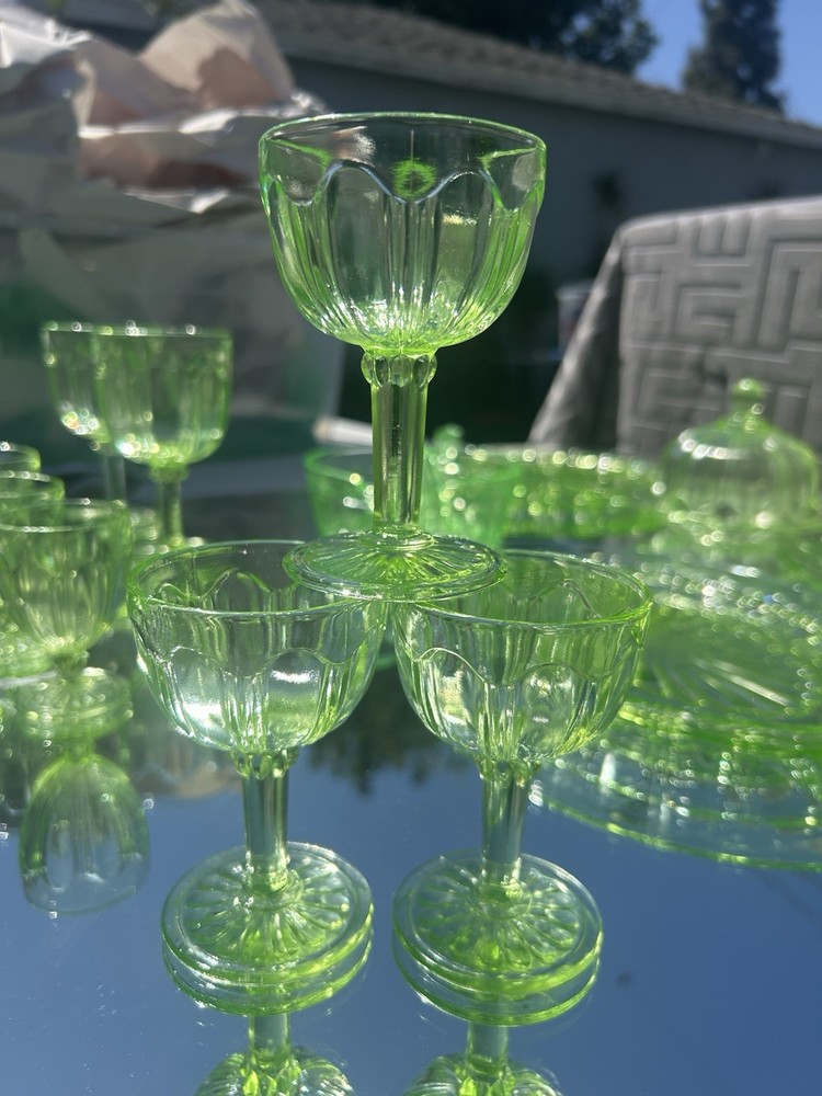 3 Hocking Colonial Knife & Fork Green Vaseline Depression Glass Water Goblets