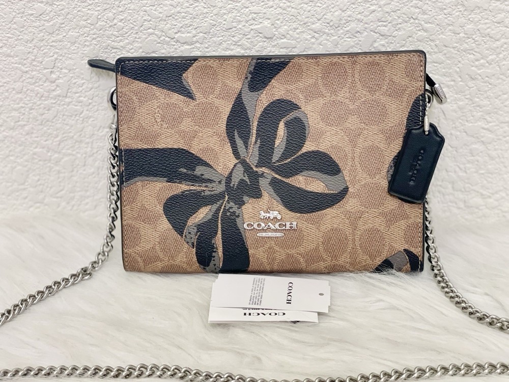 NWT Coach CY746 Slim Crossbody Bag Signature Canvas Bow Print Tan Black