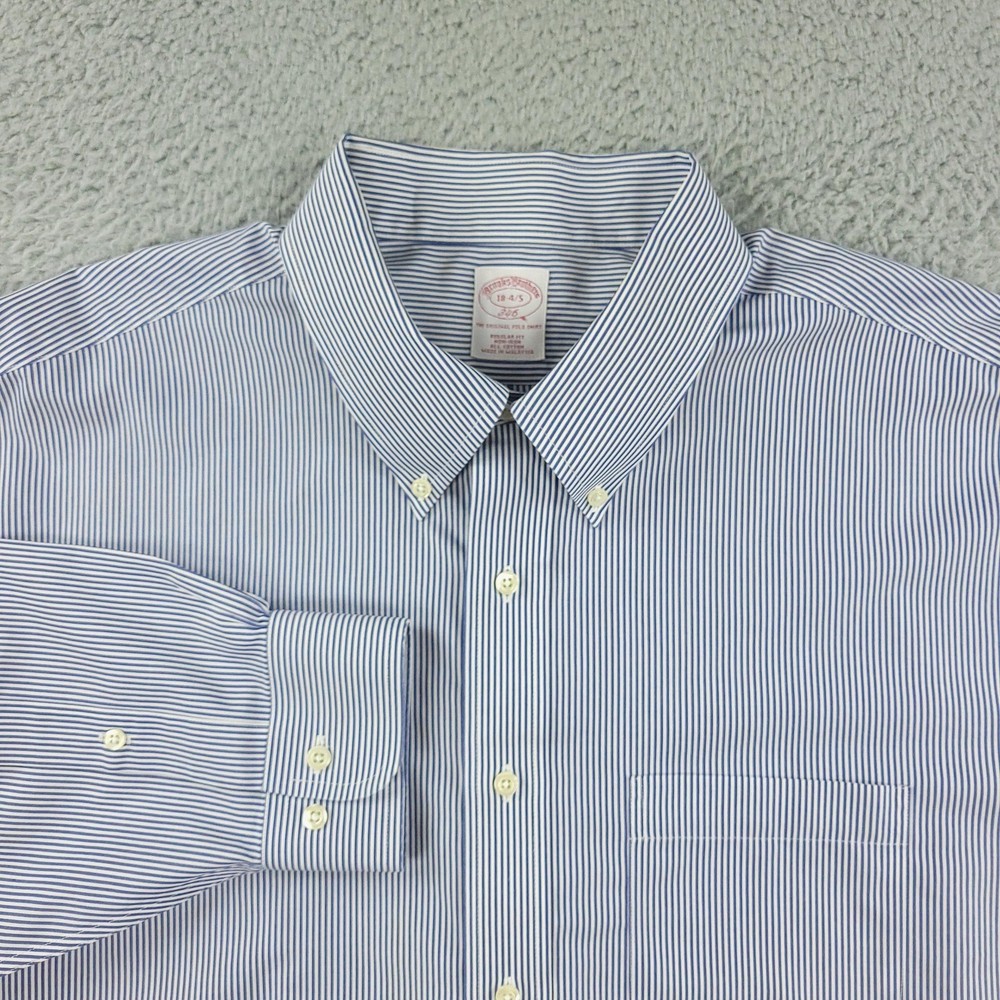 Brooks Brothers 346 Dress Shirt Mens 18 Blue Stripe Regular Fit Non Iron