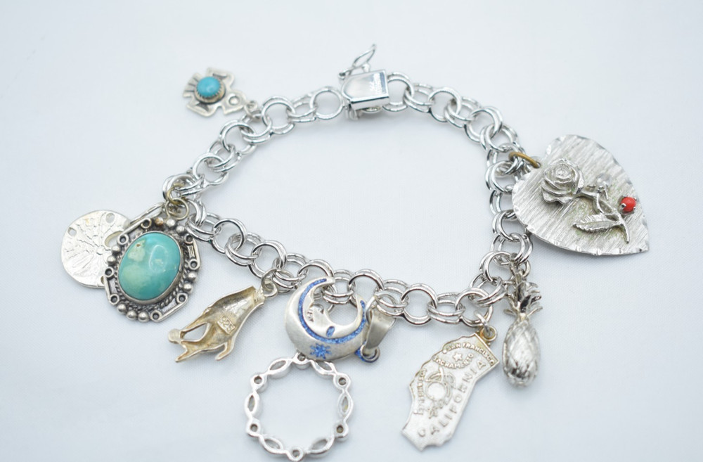 Vintage Sterling Silver Charm Bracelet Turquoise Southwestern Boho Mixed 31g