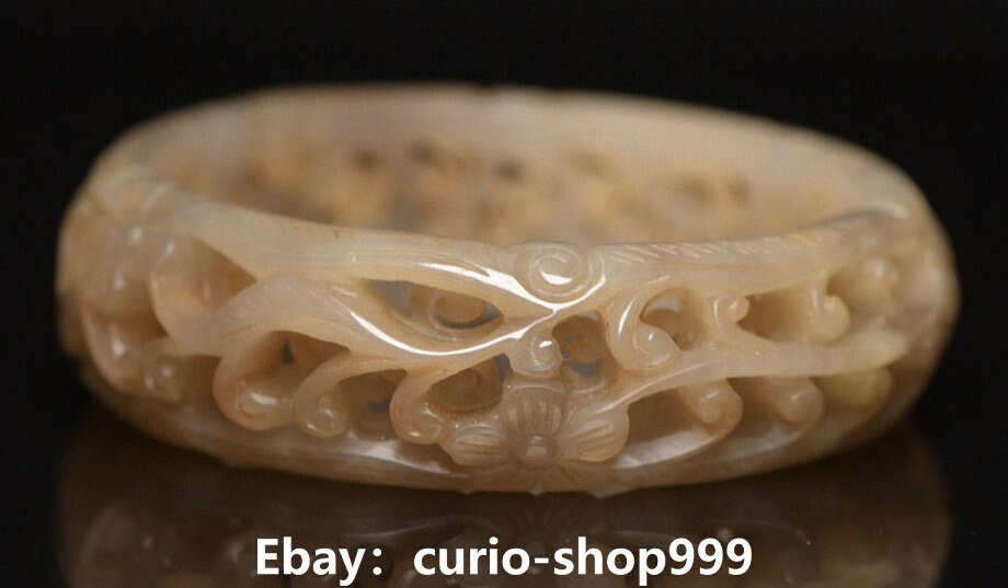 66MM Old Han Dynasty Natural Hetian Jade Flower Pattern Hollow Bracelet Bangle