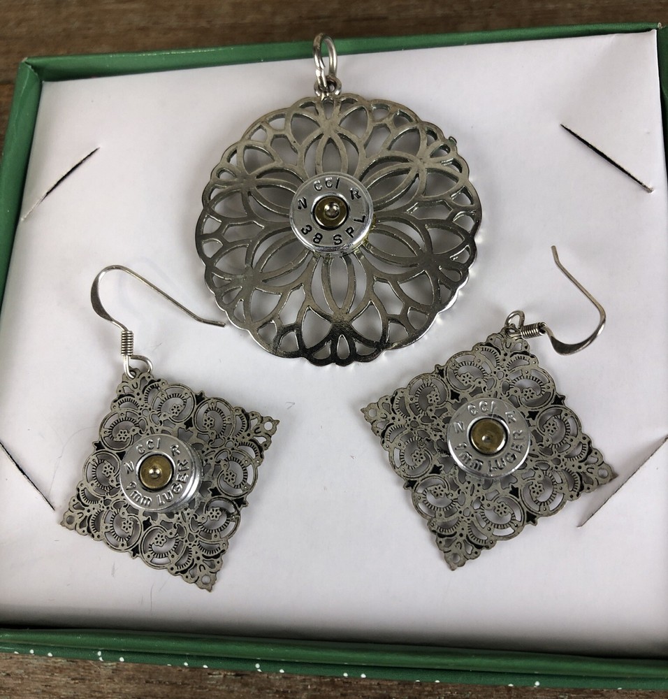 Vintage Silver Bullet Casing Earrings Pendant 9mm Luger 38 SPL Detailed Military Style  