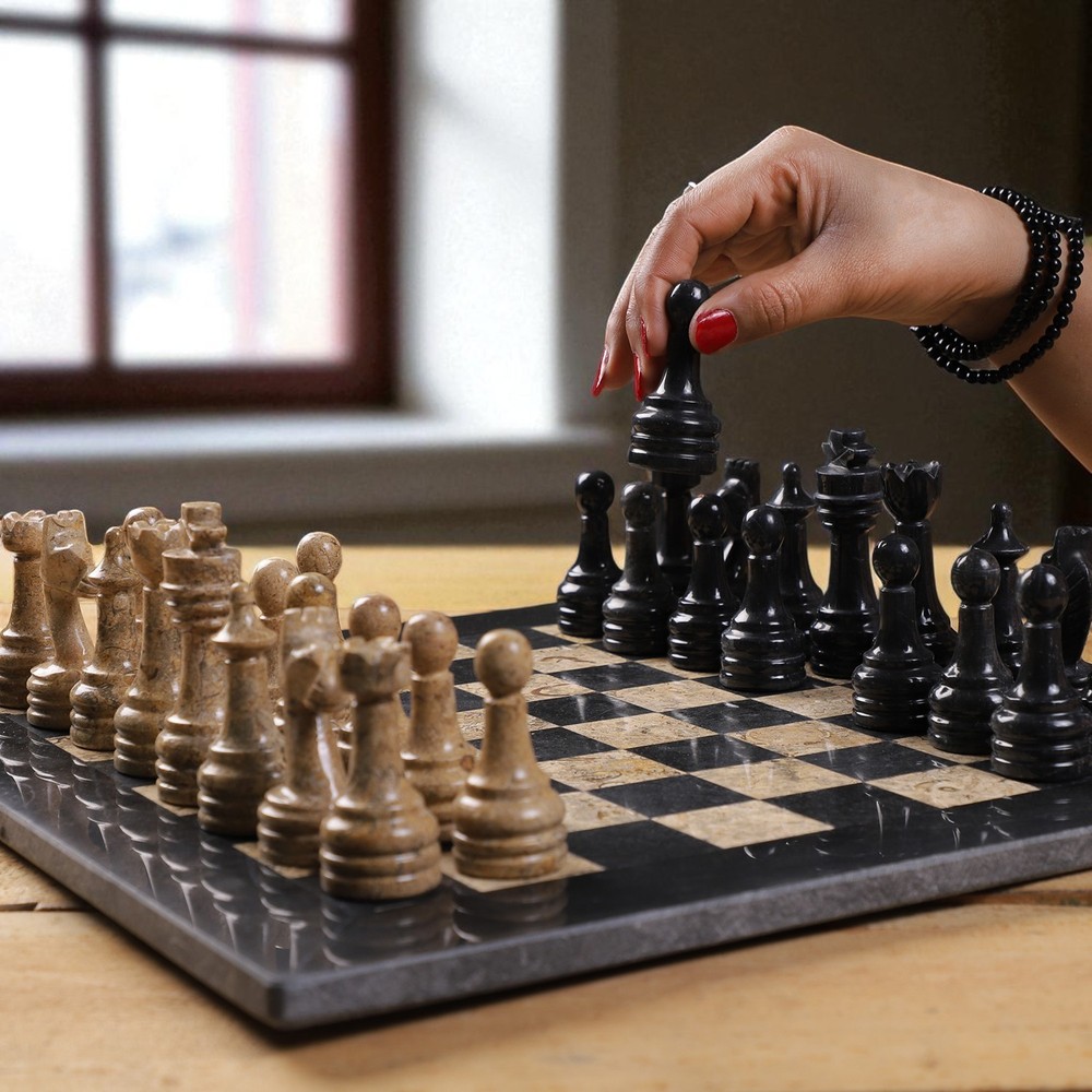 15x15 Inch Handmade Black and Coral Marble Chess Set Luxury Stone Board