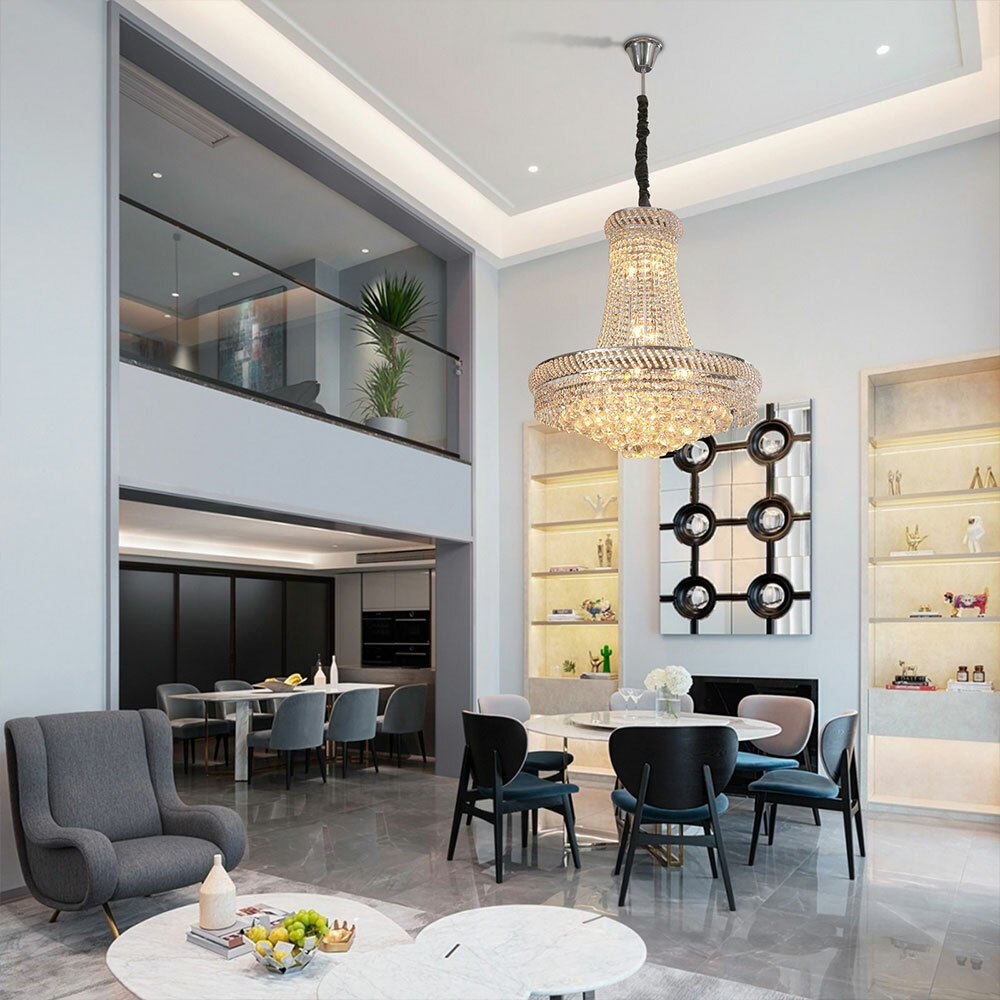 Luxury Crystal Chandelier Silver Staircase Lamp Lobby Villa Lighting Pendant LED