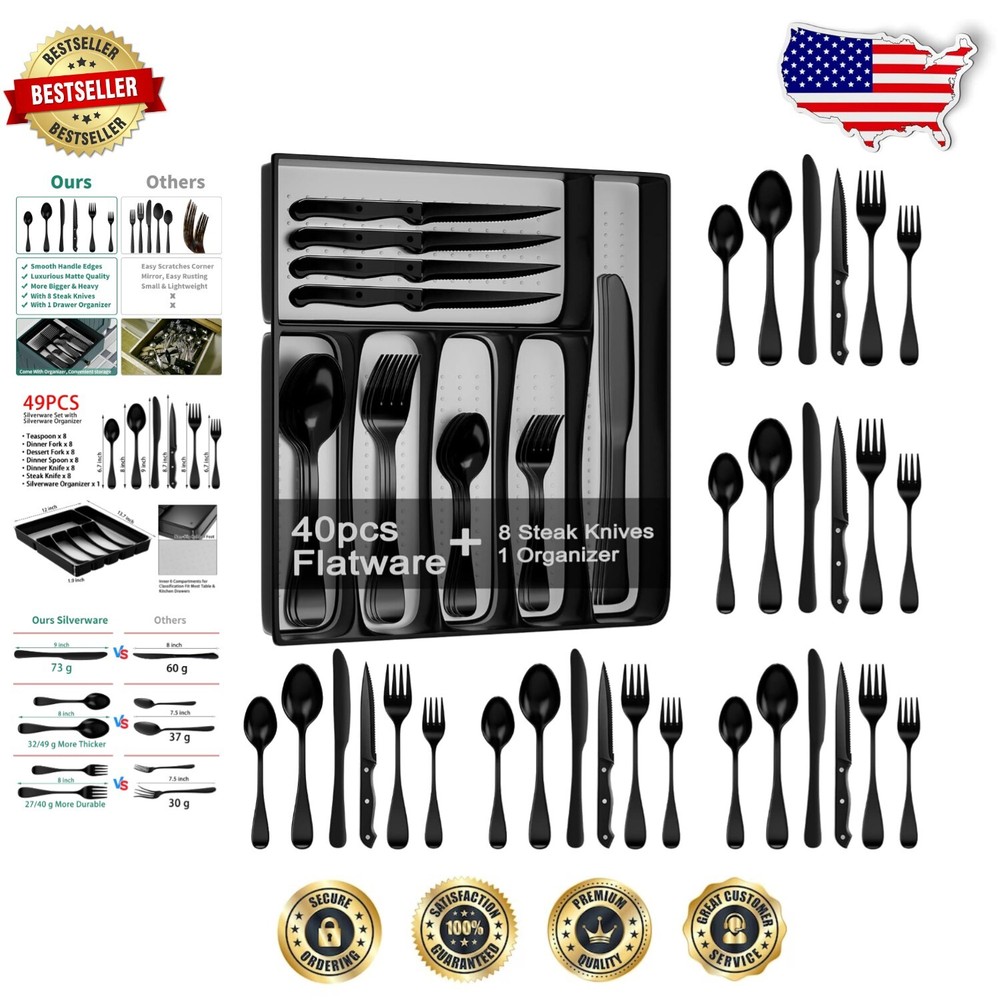 Modern 49-Piece Black Silverware Set with Ergonomic Handles & Drawer Organizer