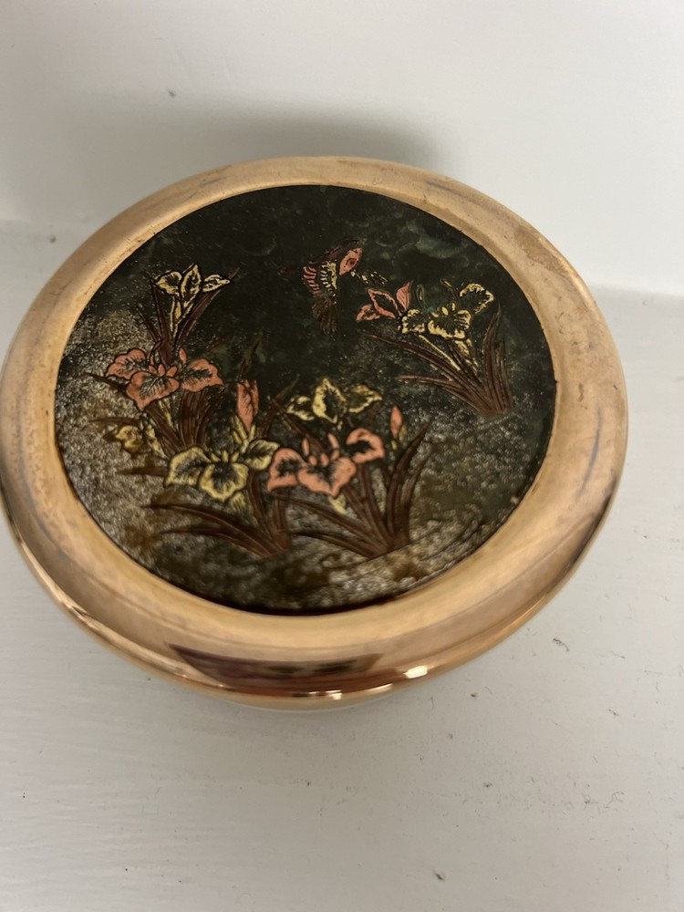 Art of Chokin 24 kt Gold Edged Hummingbird Daffodil Trinket Box Dish, Japan