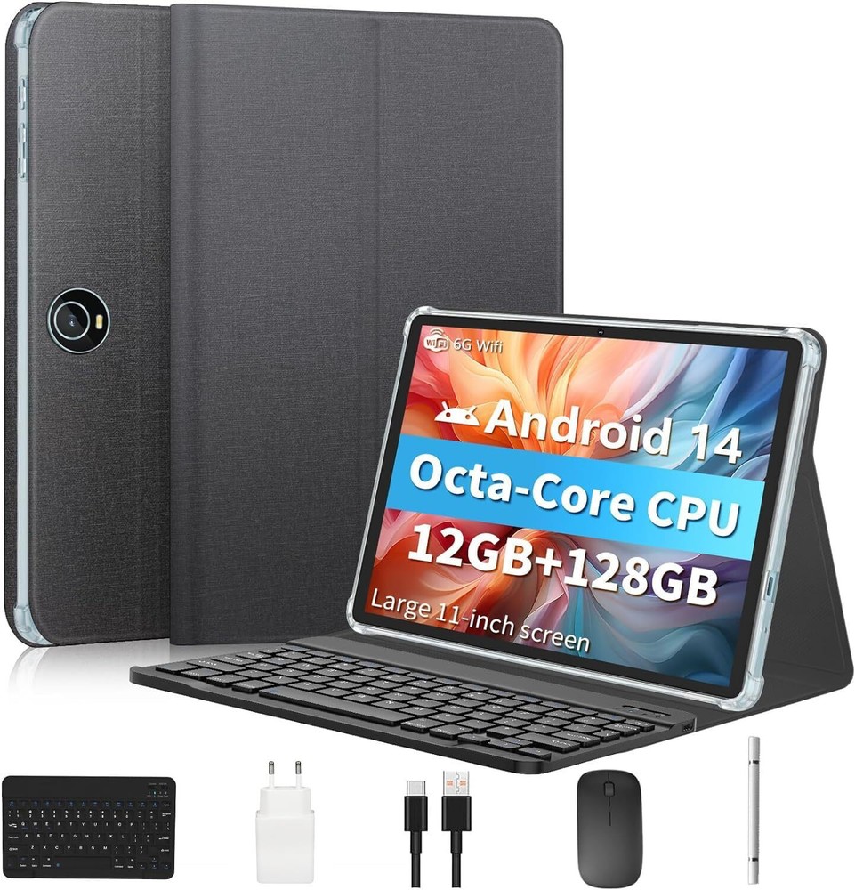 Android 14 Tablet, 11 inch Tablets Octa-Core, Tablet PC Black with Keyboard