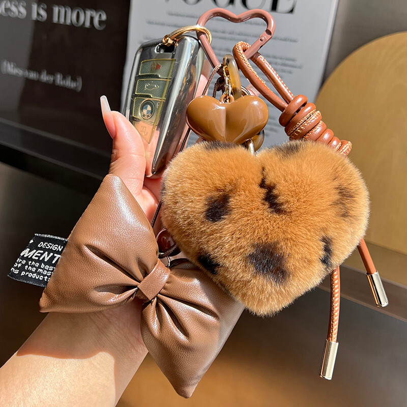 Rabbit Fur Heart Pompom Keychain Bag Charm Car Accessory Gift