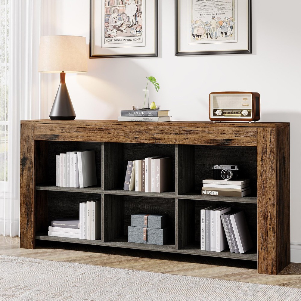 Bookcase Industrial Rustic Horizontal Long 6 Cubes Storage Organizer Bookshelf