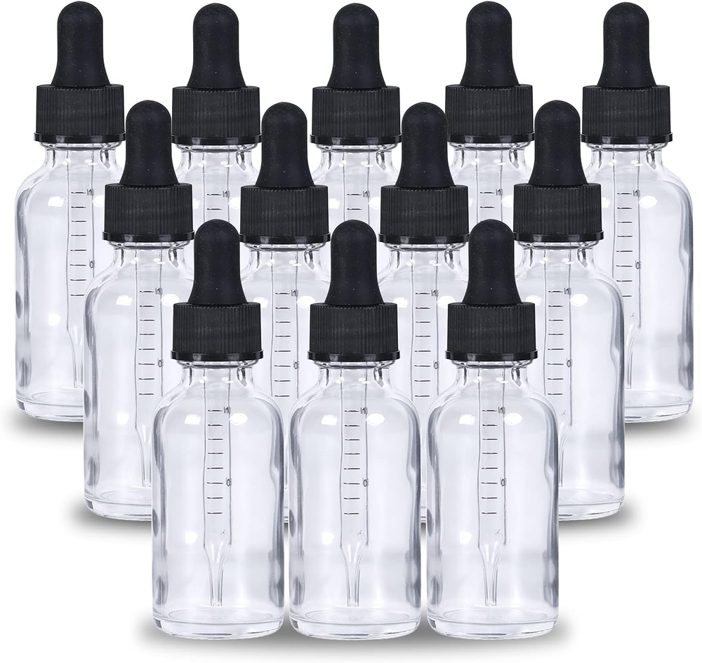 2 Oz Dropper Bottle 12 Pack Clear Glass Boston Bottles 60Ml with Eye Droppers B