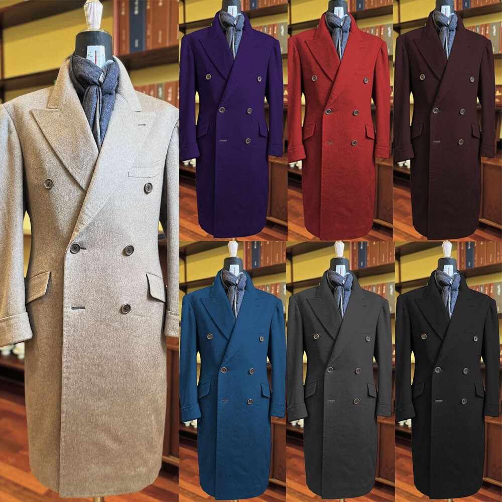 Cashmere Men's Overcoat Peak Lapel Double Breasted Winter Outdoor Long Jackets