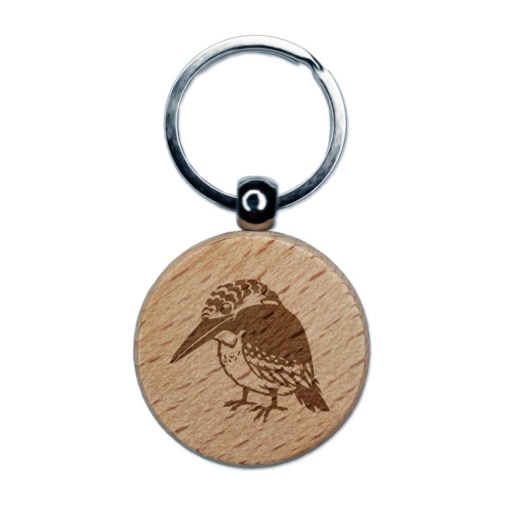 Kingfisher Bird Engraved Wooden Keychain Charm with Round Tag