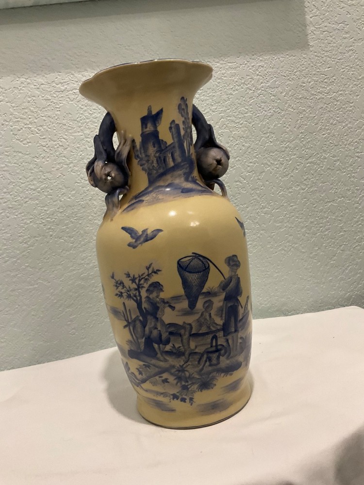 Vintage RARE unique ivory and blue decorative vase with handles 14