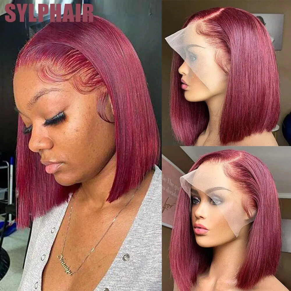 Burgundy Short Bob Wig with Pre Plucked Lace Frontal and Ombre Closure Human Hair