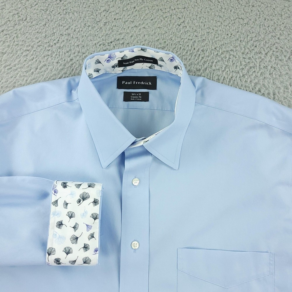 Paul Fredrick Dress Shirt Mens 16.5 33 Blue Solid Classic Fit Non Iron Pocket