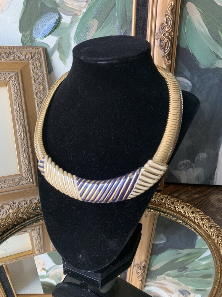 Vintage Collar Necklace 80's Gold Tone Blue Cream Chunky Egyptian Style