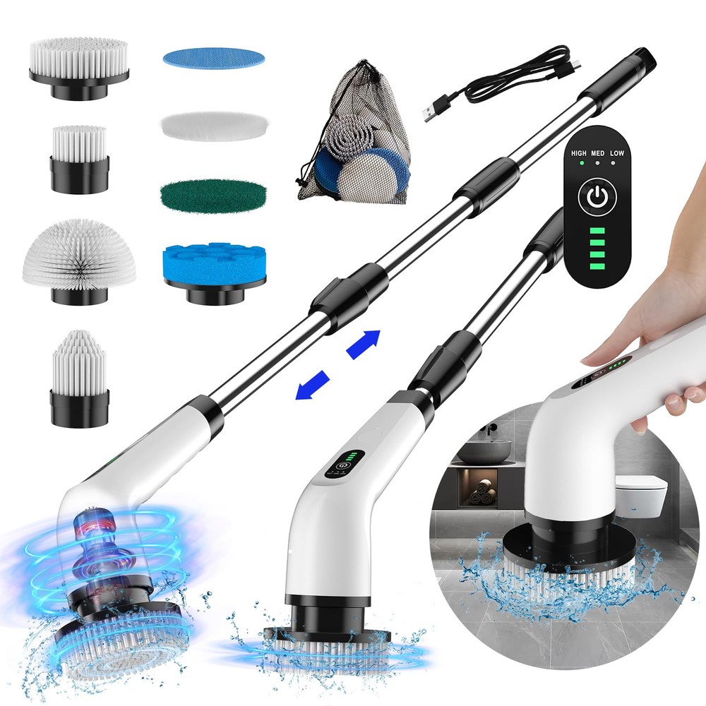 Electric Spin Scrubber with Cordless Design, 3-Speed Settings, and Extended Handle for Effortless Cleaning