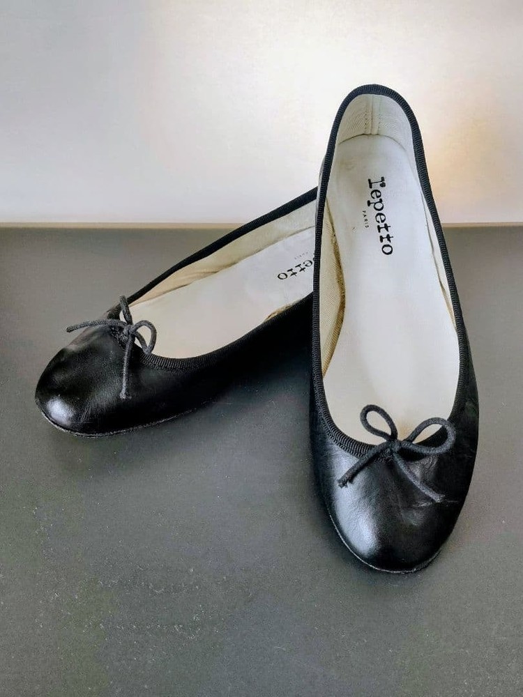 Rare Repetto Black Leather Ballet Flats Ribbon Size 37 EU 23.5cm